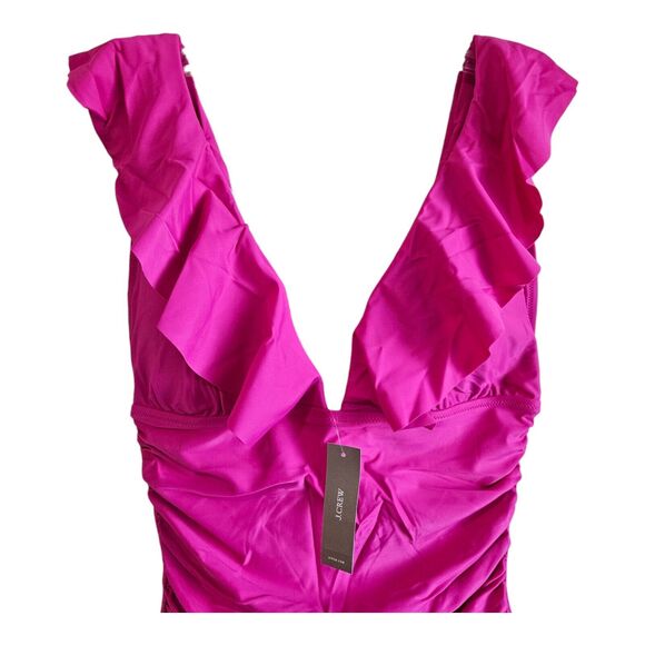 J. Crew Women 12 Swimsuit 1 Piece V-Neck Ruffled Ruched Radiant Fuchsia NEW NWT - Picture 2 of 8